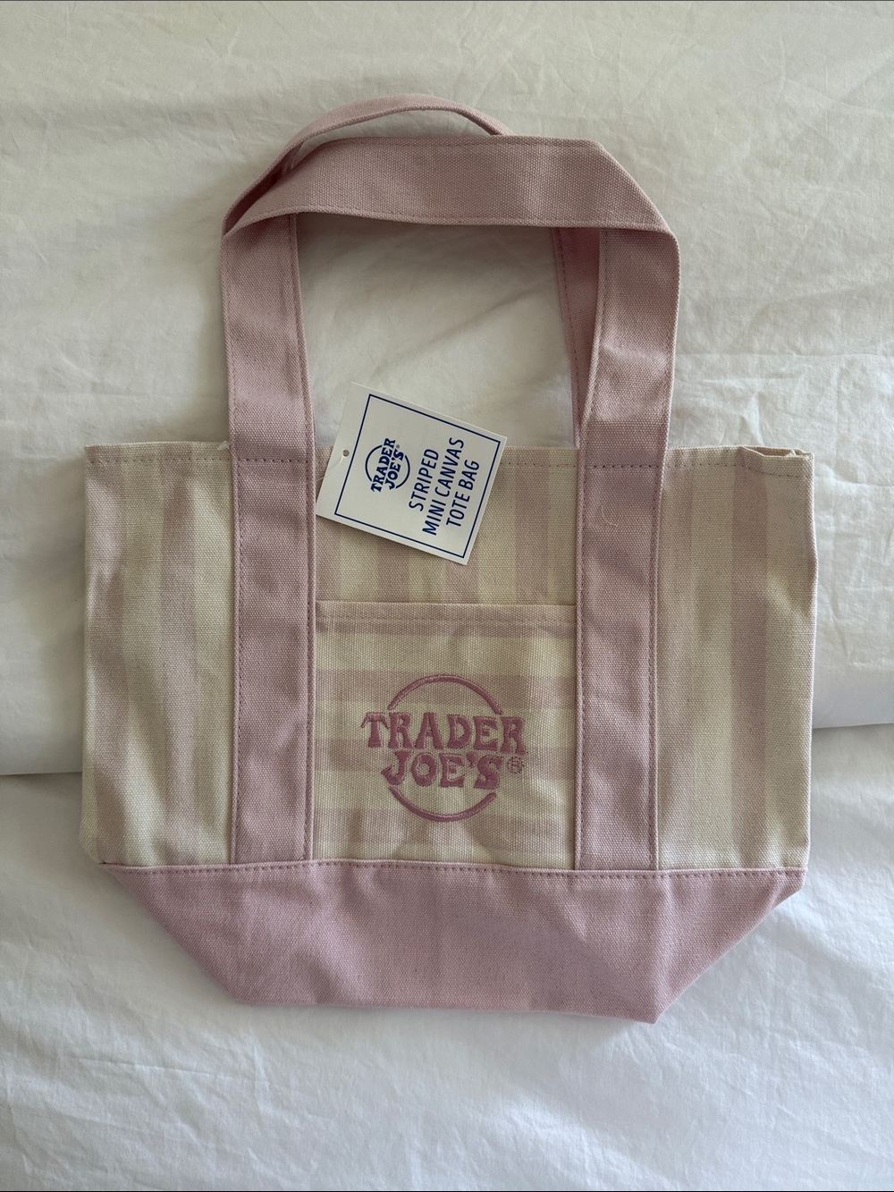NWT Trader Joes Pastel Pink Striped Mini Canvas Tote Bag